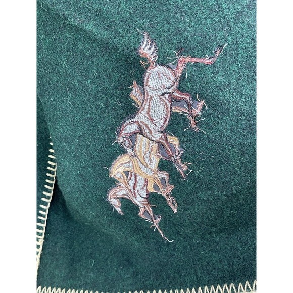 Woolrich Blanket Deep Green Wool Throw Embroidered Brown Tan Horses 62 X 40 USA - Picture 3 of 7